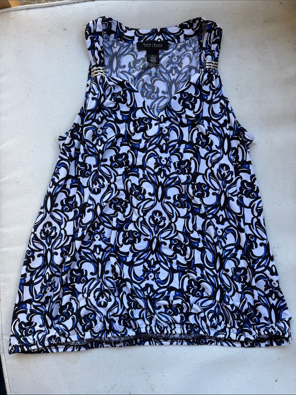 White House Black Market Black and Blue Floral Sleeveless Shell
